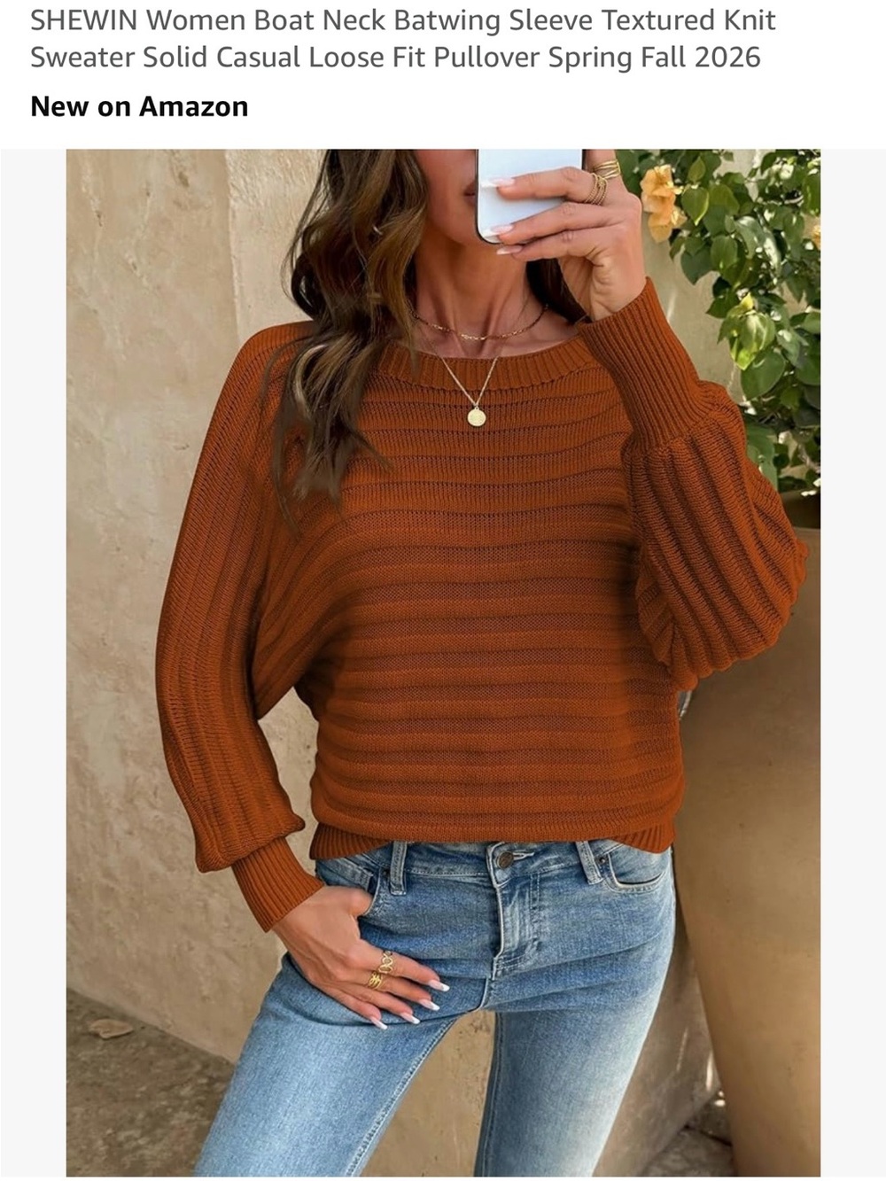 Off-Shoulder Ribbed Sweater in Rustic Brown - Shewin - Picture 3 of 3